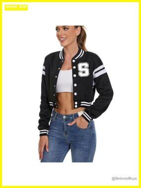 Women's Vintage Crop Baseball Varsity Jacket Letter Print College Letterman Coat